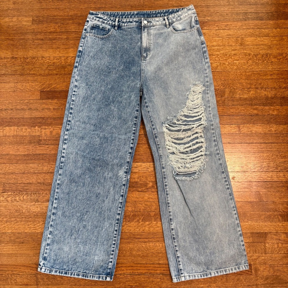 Acid‎ Wash Ripped Distressed Wide Leg Jeans Relaxed Fit Denim Fashion Pants XXL